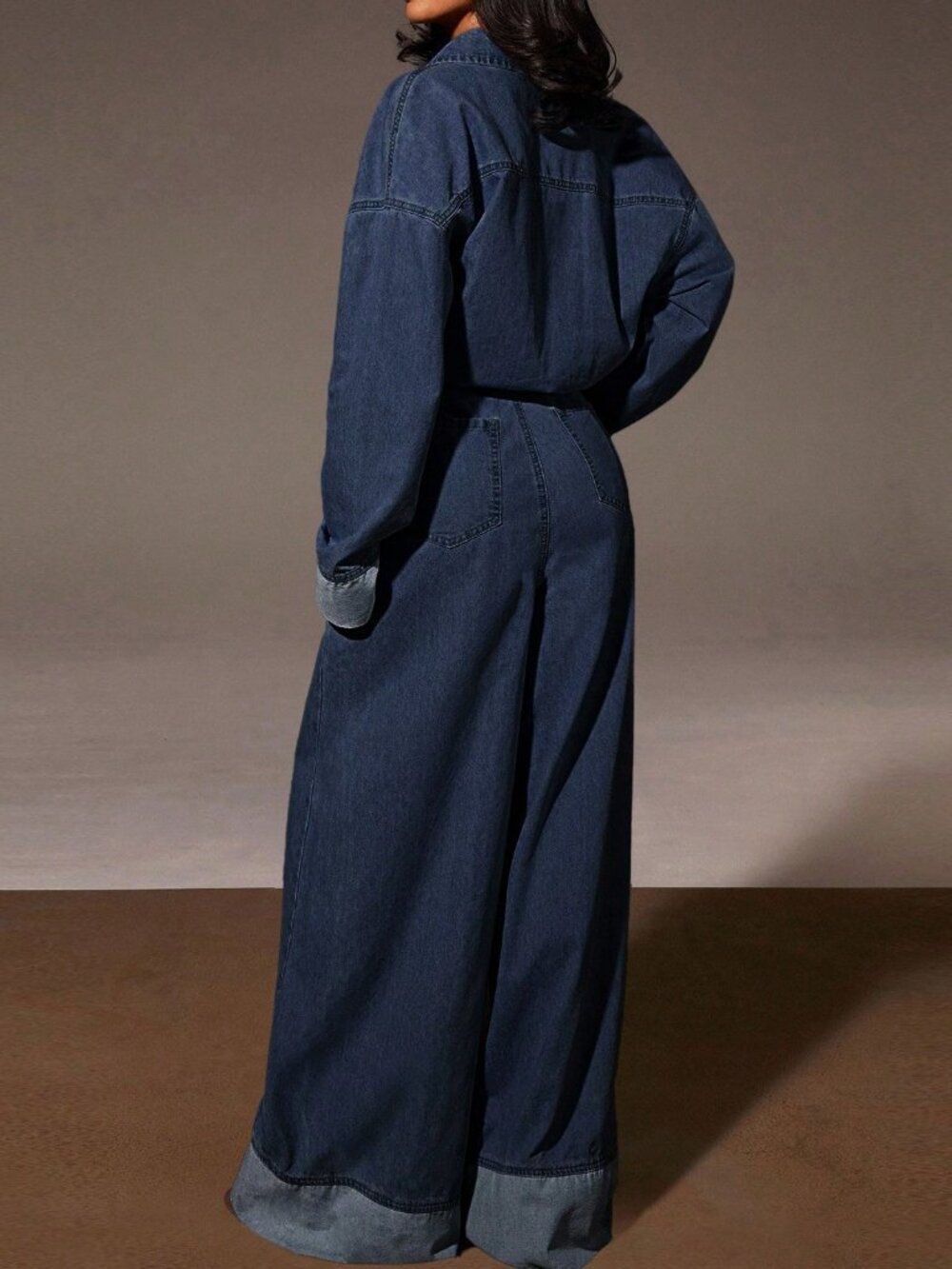 Dark Wash Casual Women's Denim Pocket Long Sleeve Denim Jumpsuit - Picture 2 of 5